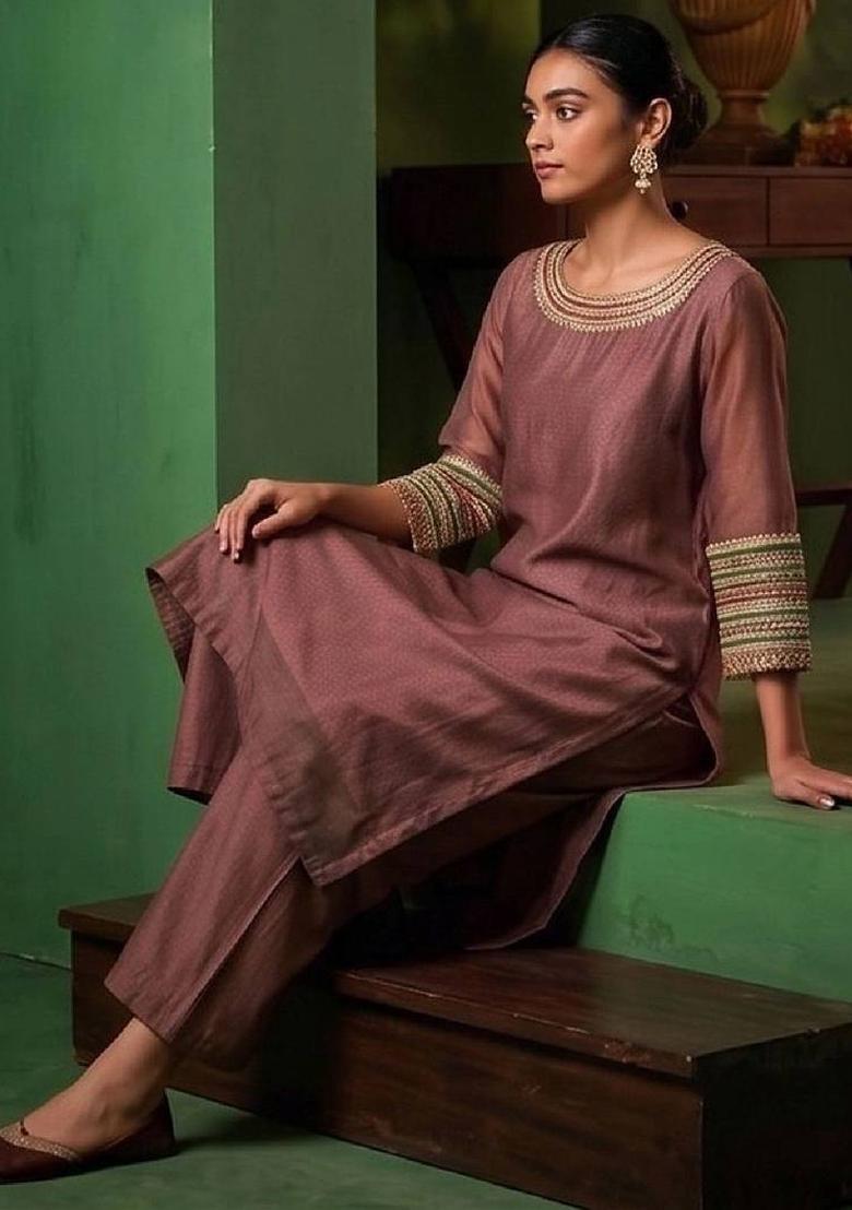 Pink Silk Kurta Set - Indya