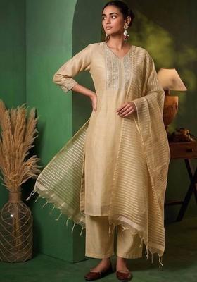 White Embroidery Silk Kurta Set