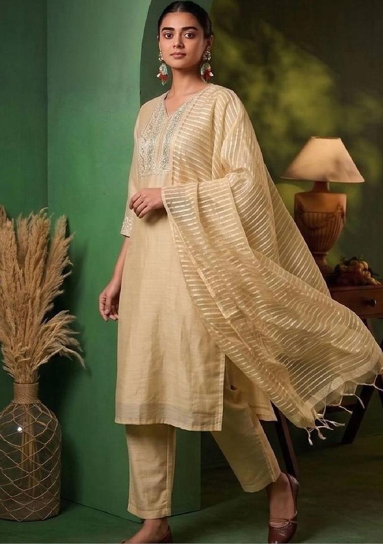 White Embroidery Silk Kurta Set - Indya