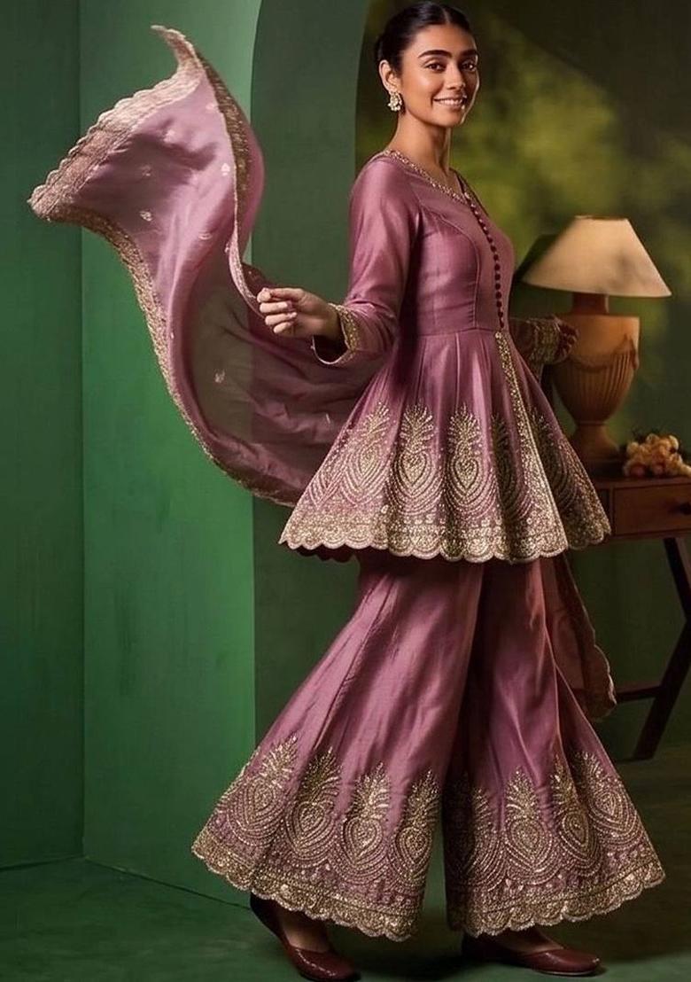 Pink Embroidery Silk Kurta Set - Indya