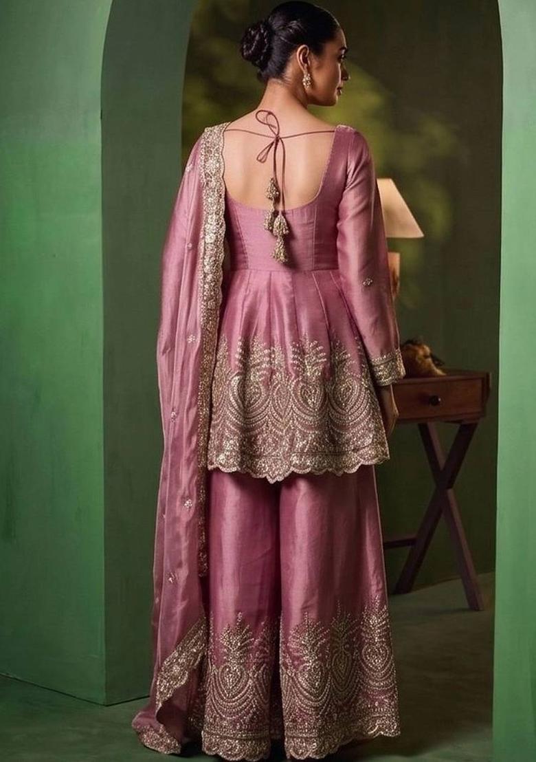 Pink Embroidery Silk Kurta Set - Indya