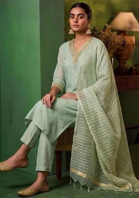 Sea Green Embroidery Silk Kurta Set