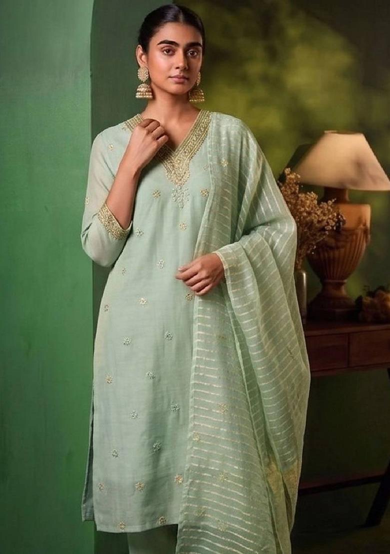 Sea Green Embroidery Silk Kurta Set - Indya