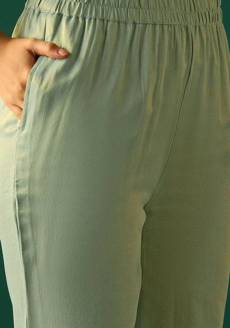 Sea Green Embroidery Silk Kurta Set - Indya