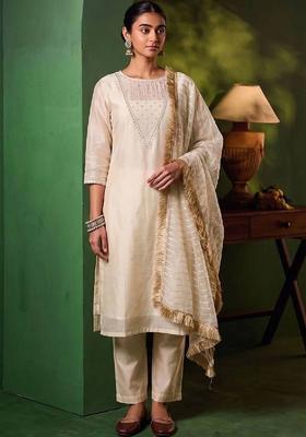 White Embroidery Silk Kurta Set