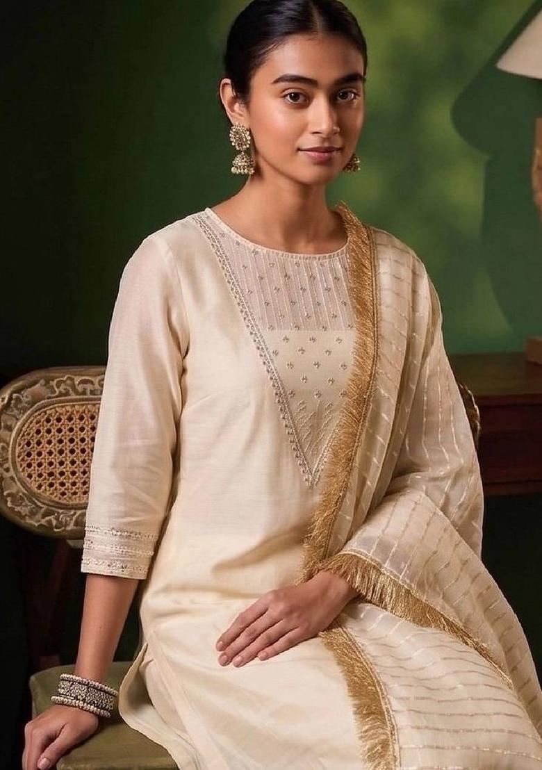 White Embroidery Silk Kurta Set - Indya