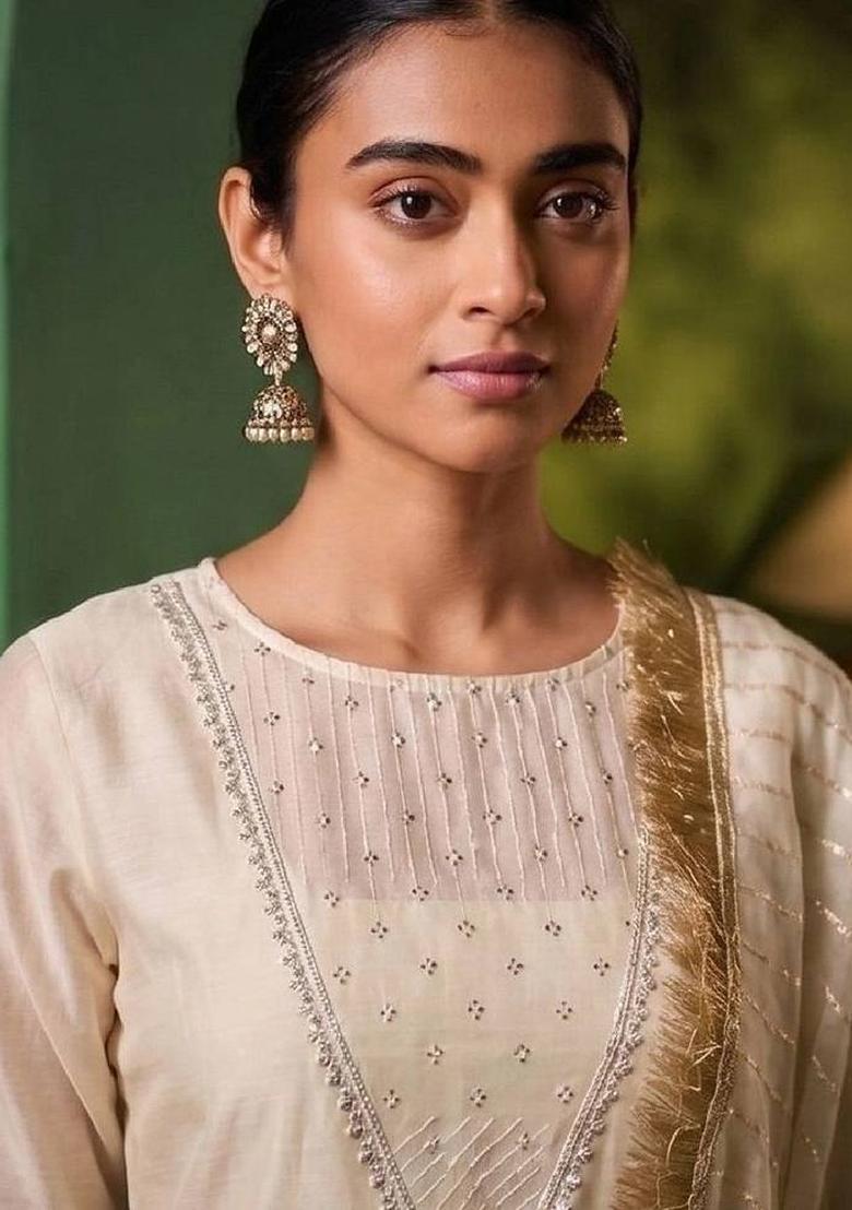 White Embroidery Silk Kurta Set - Indya