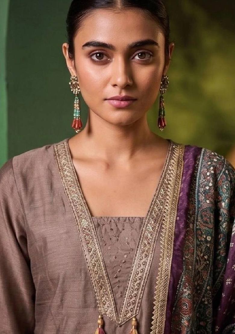 Brown Silk Kurta Set - Indya