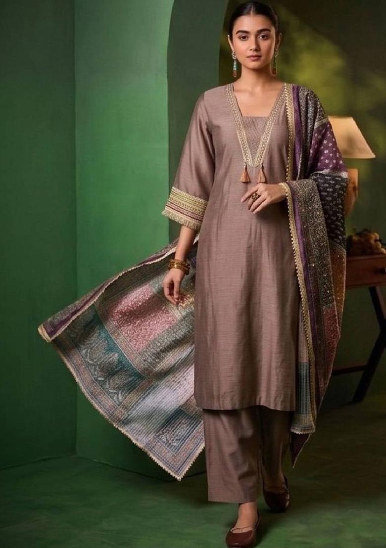Brown Silk Kurta Set - Indya