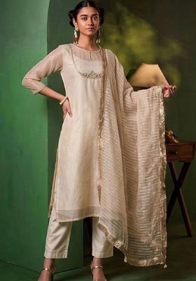 White Thread Work Silk Kurta Set
