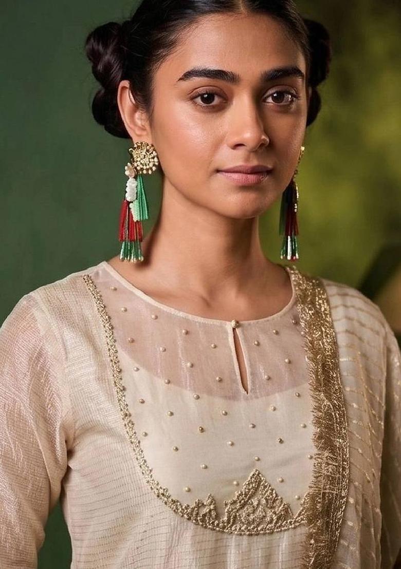 White Thread Work Silk Kurta Set - Indya