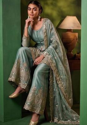 Blue Embroidery Silk Kurta Set
