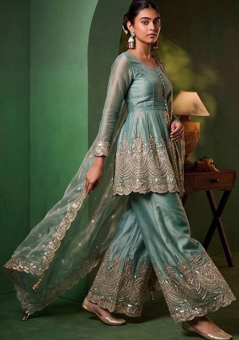 Blue Embroidery Silk Kurta Set - Indya
