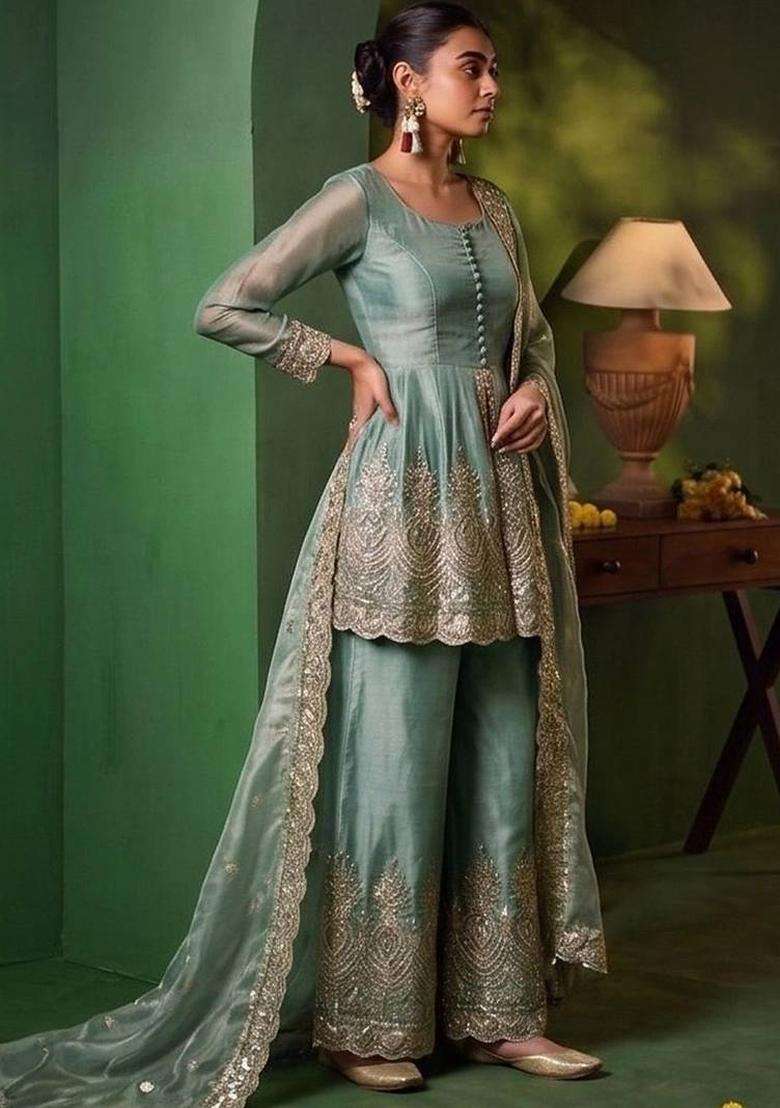 Blue Embroidery Silk Kurta Set - Indya