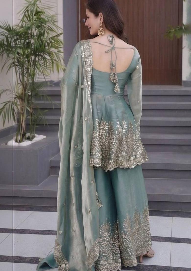 Blue Embroidery Silk Kurta Set - Indya