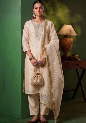 White Embroidery Silk Kurta Set