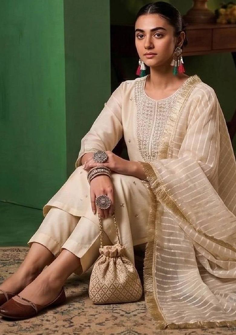 White Embroidery Silk Kurta Set - Indya