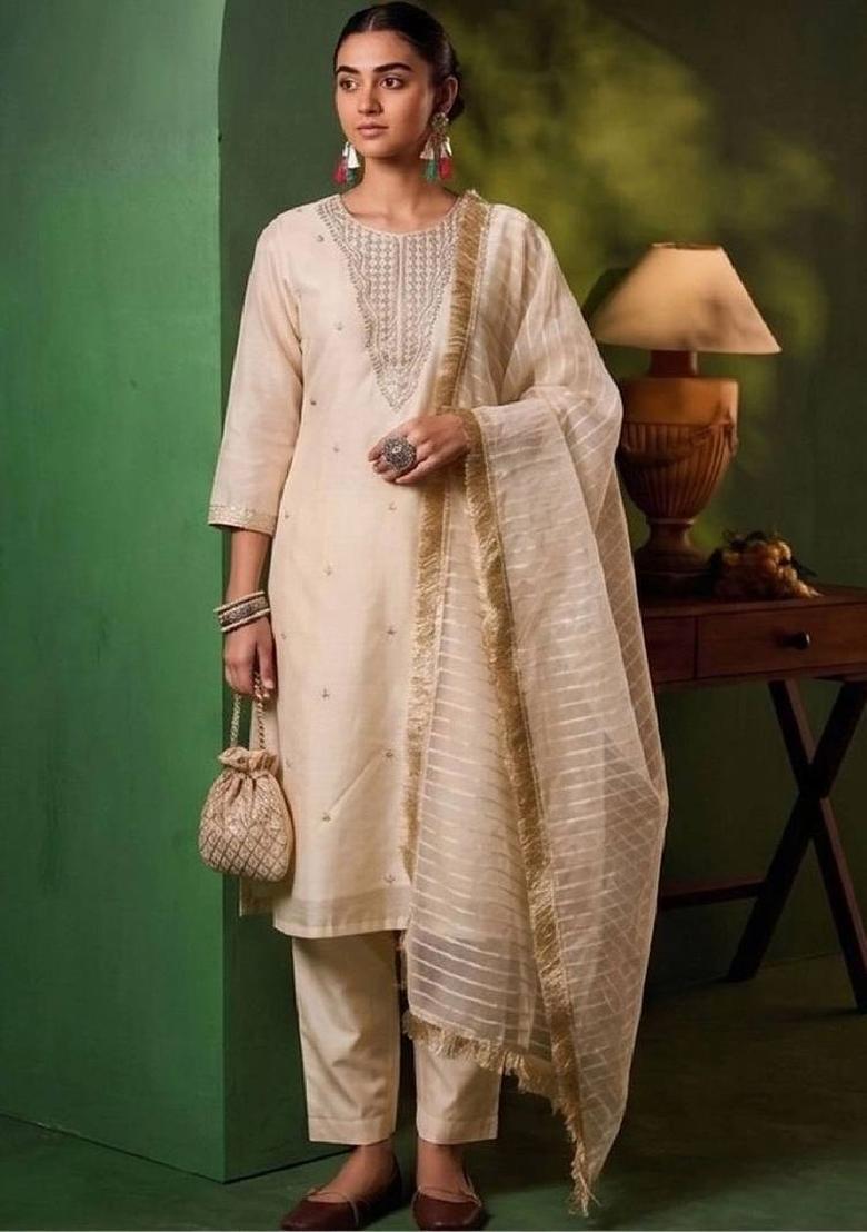 White Embroidery Silk Kurta Set - Indya