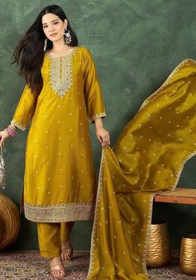 Mustard Embroidery Silk Kurta Set
