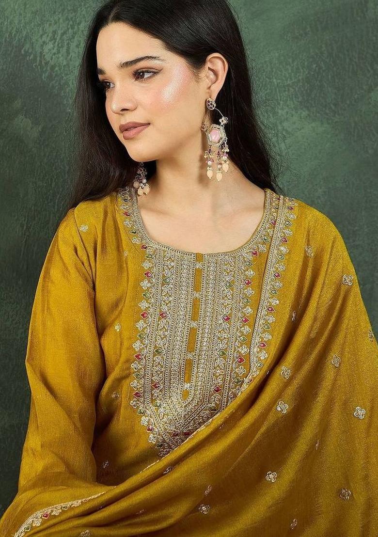 Mustard Embroidery Silk Kurta Set - Indya