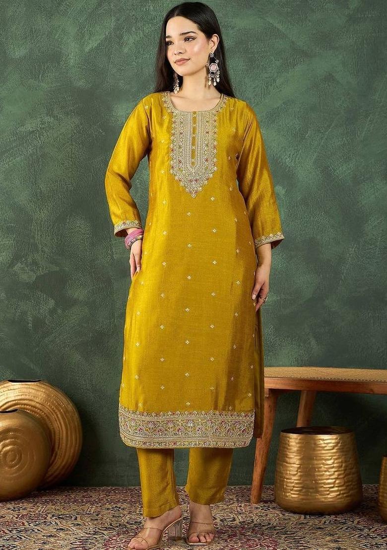 Mustard Embroidery Silk Kurta Set - Indya