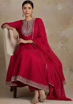 Red Embroidery Silk Kurta Set