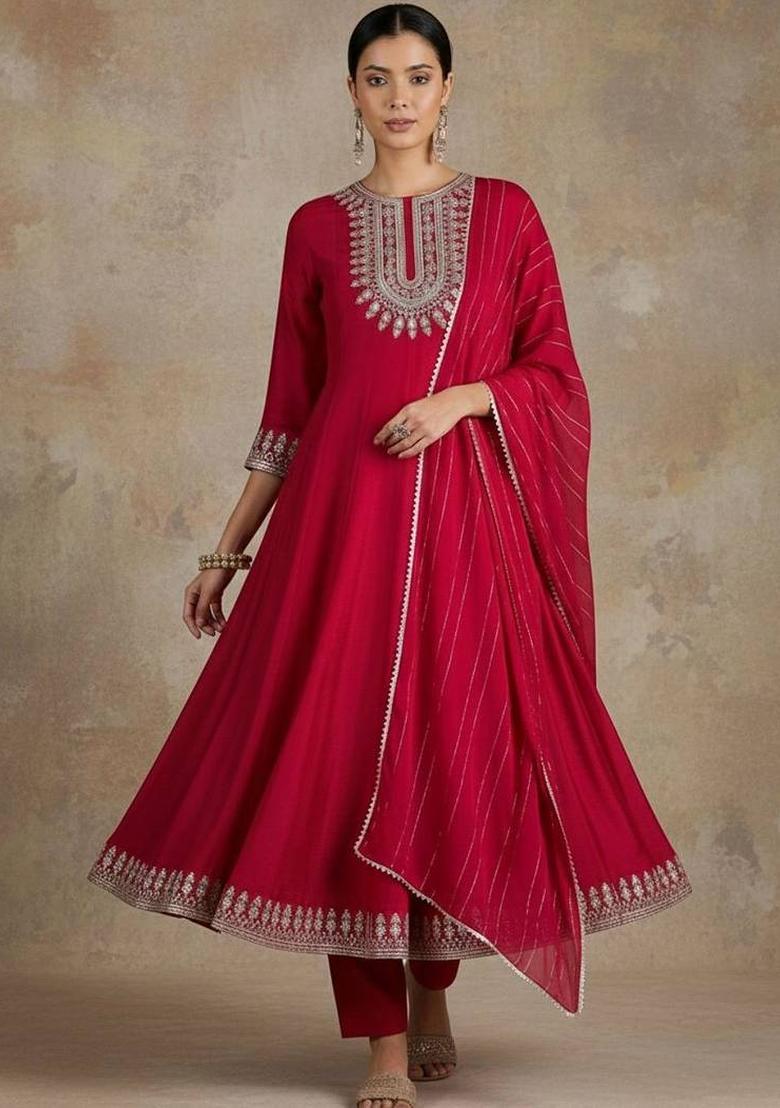 Red Embroidery Silk Kurta Set - Indya