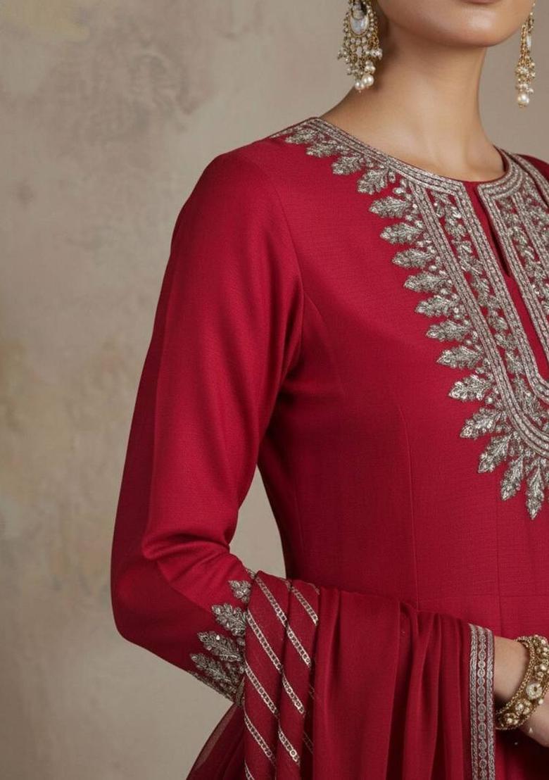 Red Embroidery Silk Kurta Set - Indya