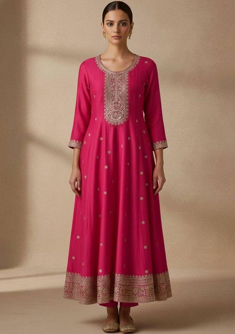 Pink Embroidery Silk Kurta Set - Indya