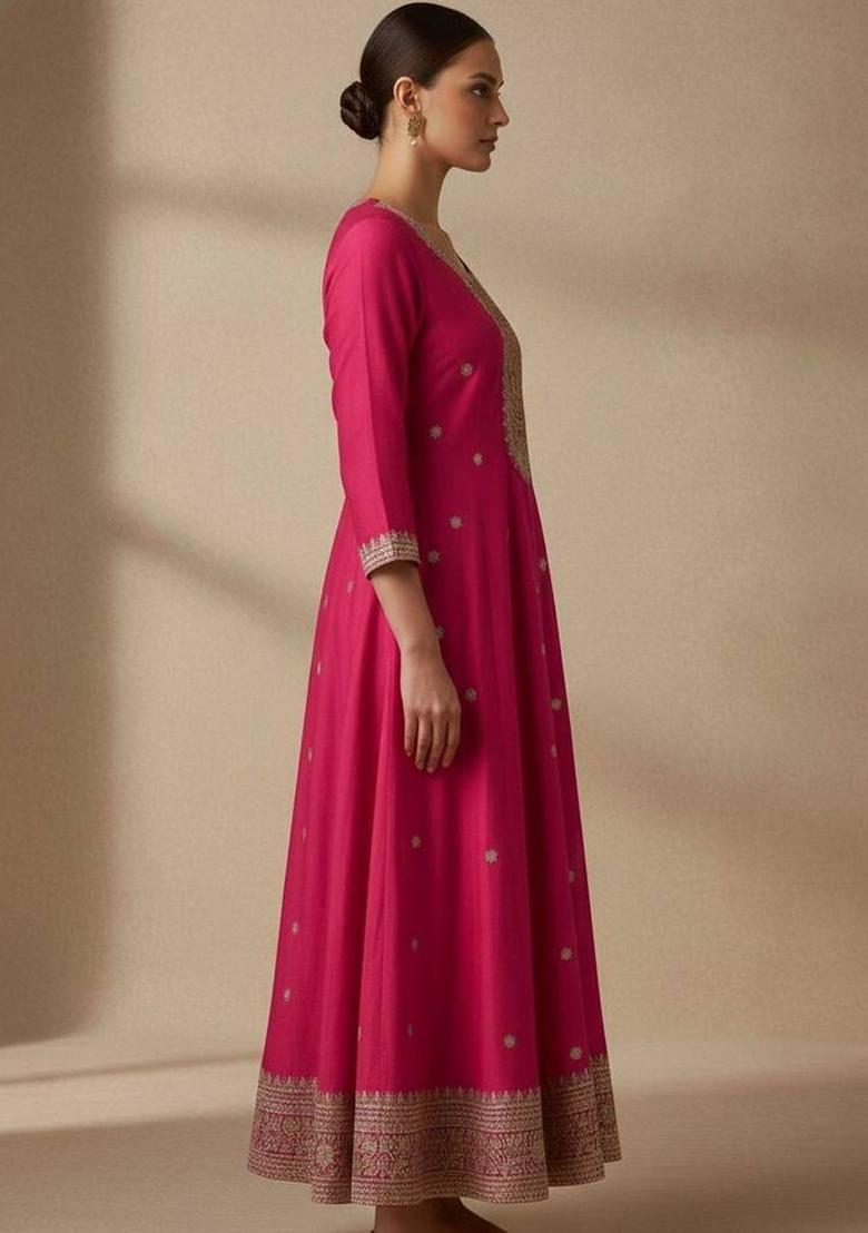 Pink Embroidery Silk Kurta Set - Indya