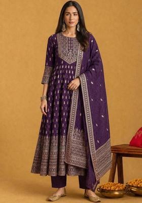 Purple Floral Print Chiffon Kurta Set
