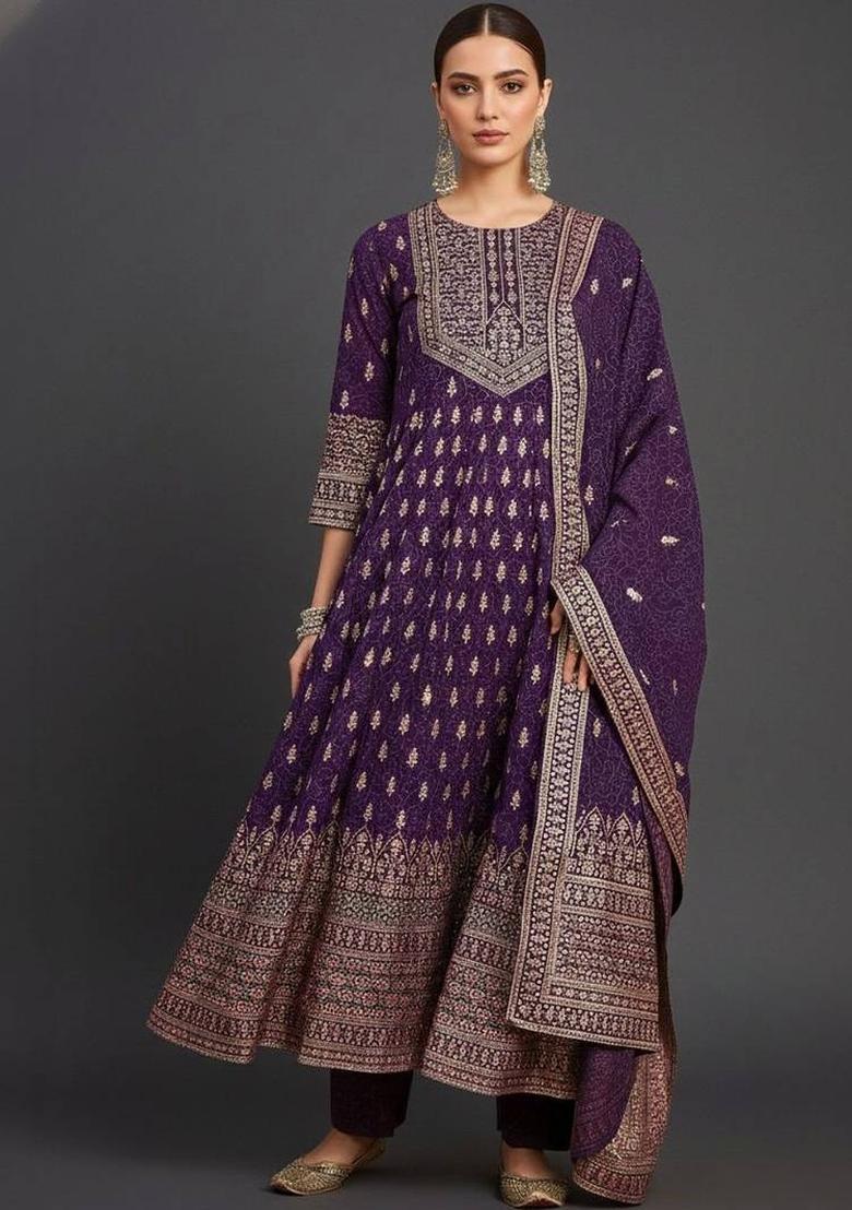 Purple Floral Print Chiffon Kurta Set - Indya