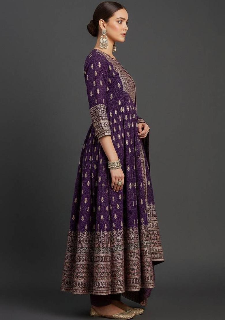 Purple Floral Print Chiffon Kurta Set - Indya