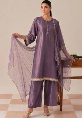 Purple Embroidery Silk Kurta Set