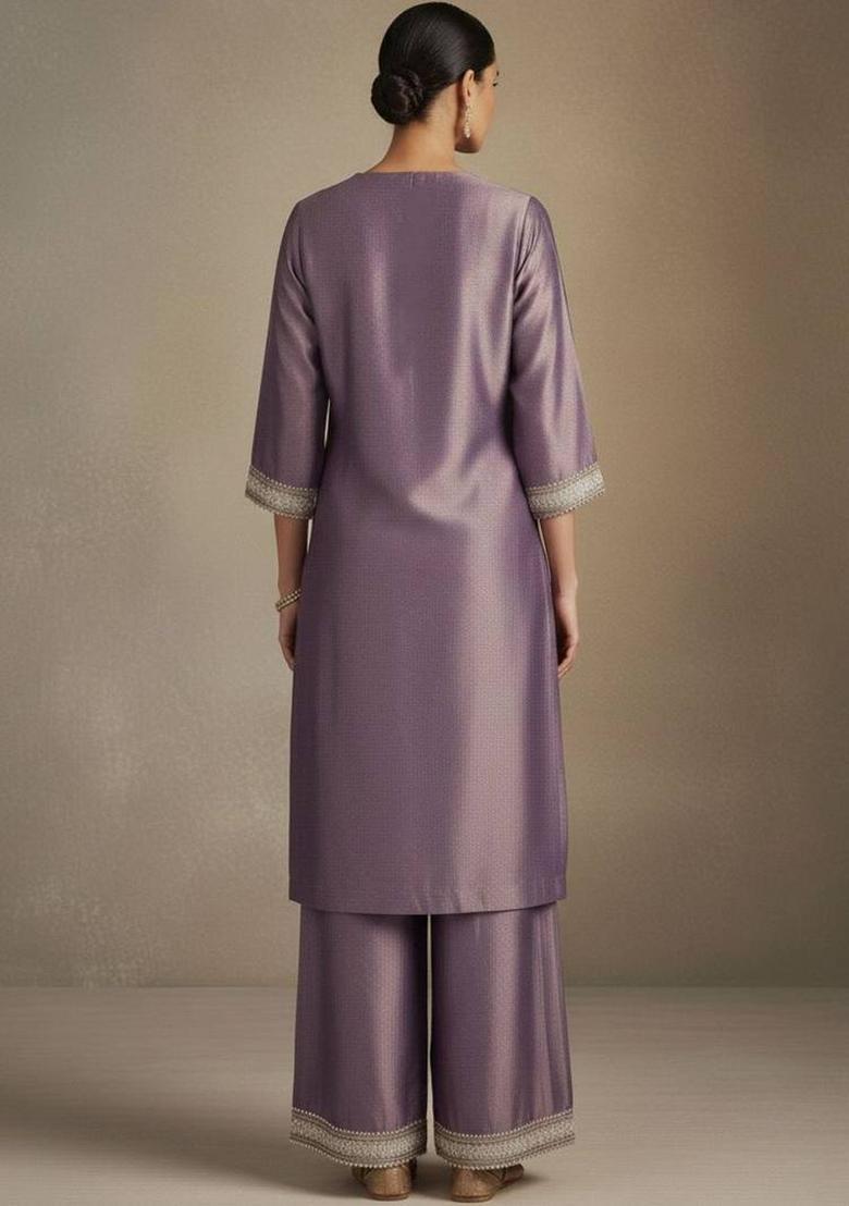 Purple Embroidery Silk Kurta Set - Indya