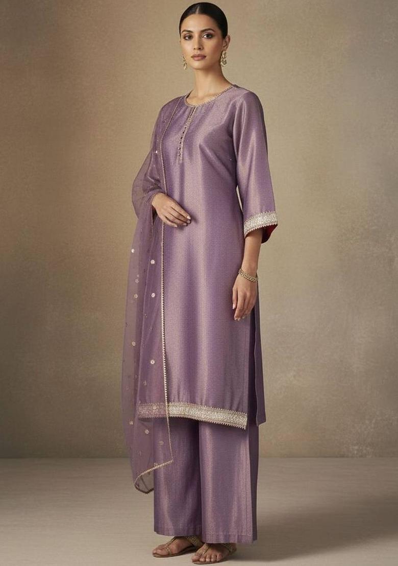 Purple Embroidery Silk Kurta Set - Indya