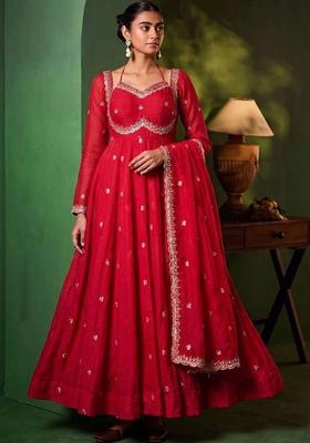 Magenta Embroidery Silk Kurta Set