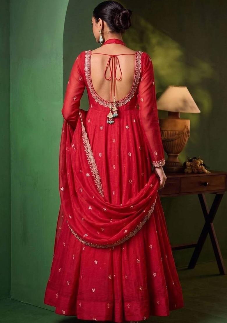 Magenta Embroidery Silk Kurta Set - Indya