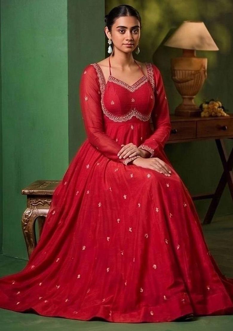 Magenta Embroidery Silk Kurta Set - Indya