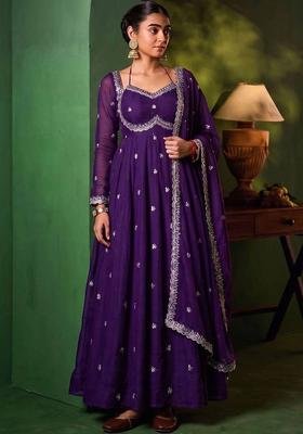 Purple Embroidery Silk Kurta Set