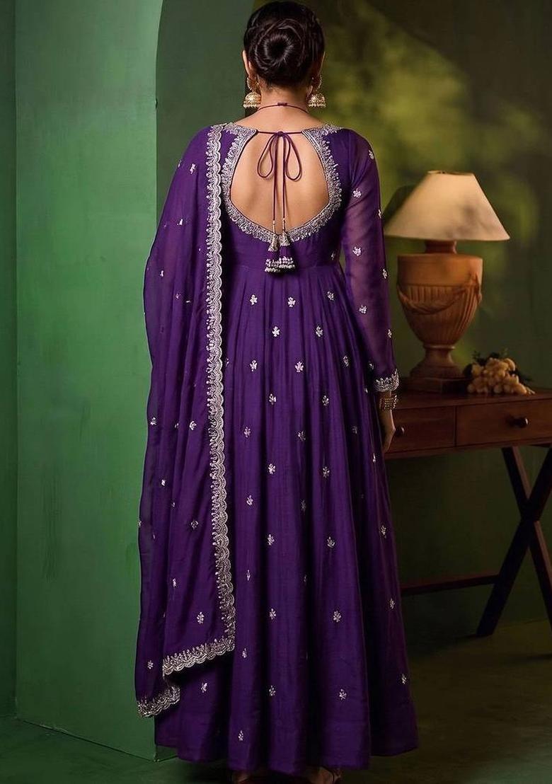 Purple Embroidery Silk Kurta Set - Indya