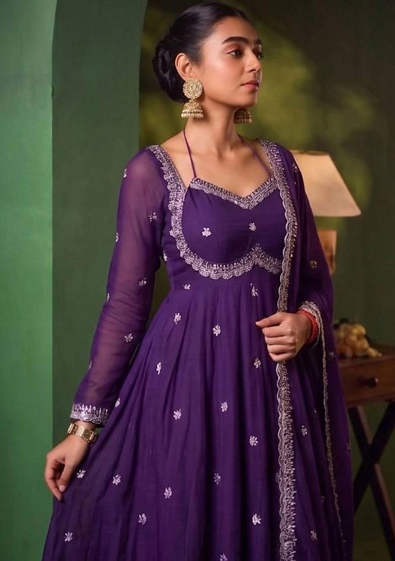 Purple Embroidery Silk Kurta Set - Indya