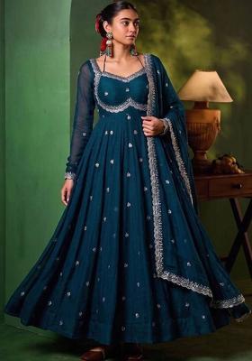 Teal Embroidery Silk Kurta Set