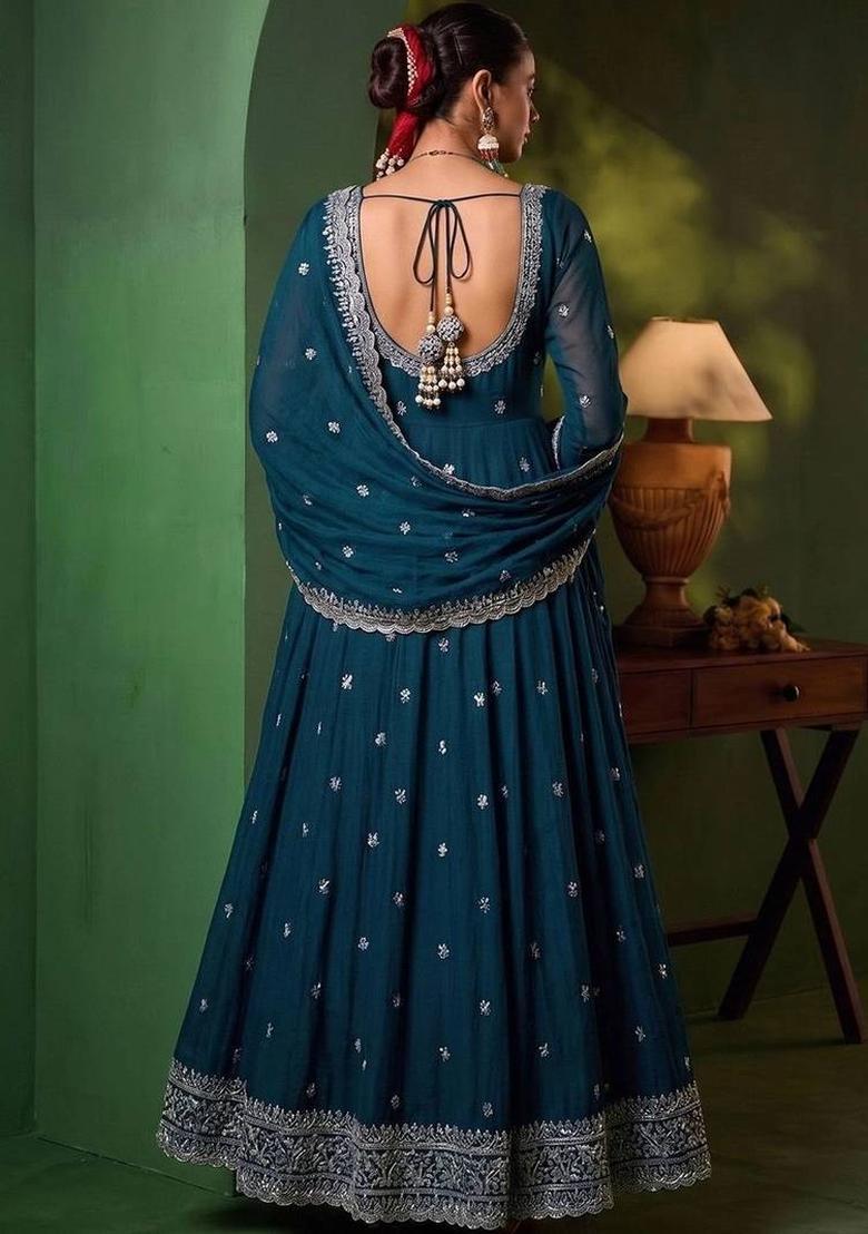 Teal Embroidery Silk Kurta Set - Indya