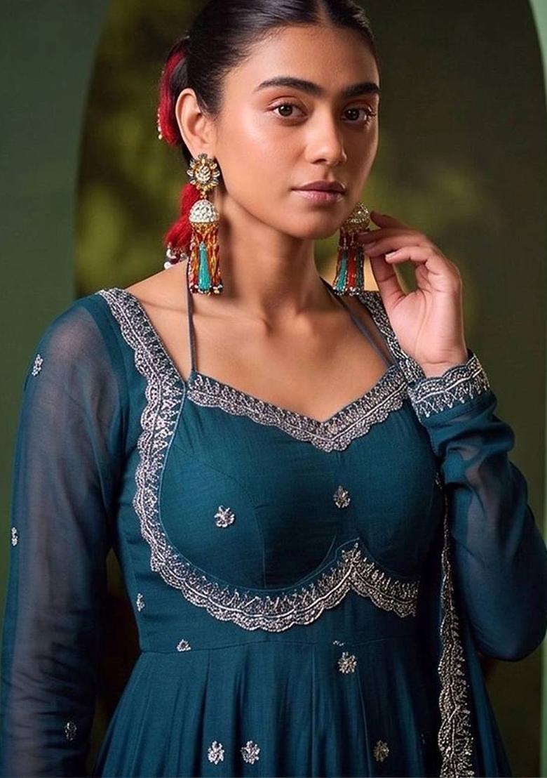 Teal Embroidery Silk Kurta Set - Indya
