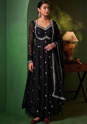 Black Embroidery Silk Kurta Set