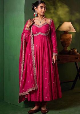 Pink Embroidery Silk Kurta Set