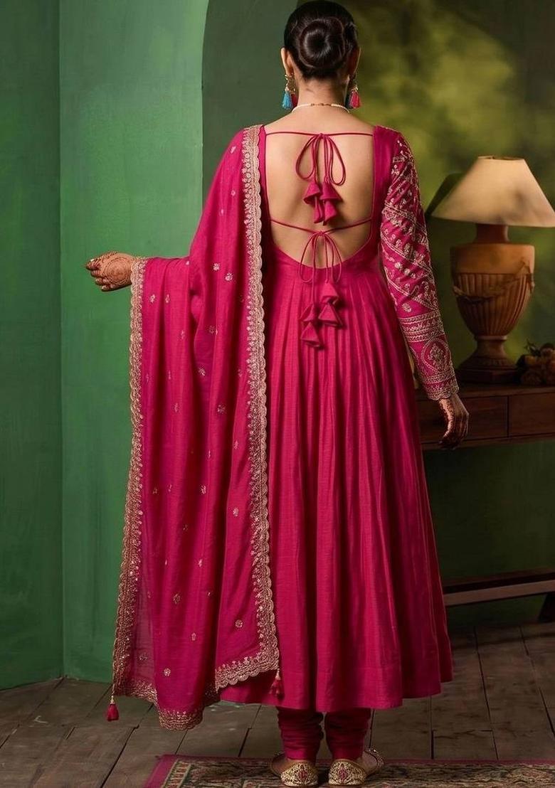Pink Embroidery Silk Kurta Set - Indya