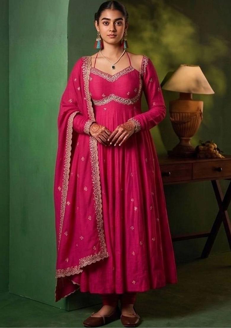 Pink Embroidery Silk Kurta Set - Indya