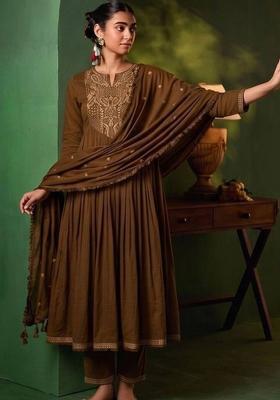 Coffee Brown Embroidery Silk Kurta Set